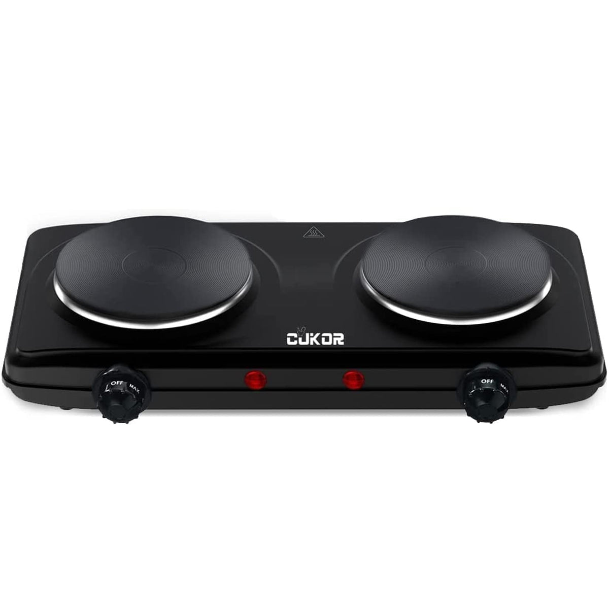 CUKOR double burner front view shows compact two-burner setup in a small kitchen.