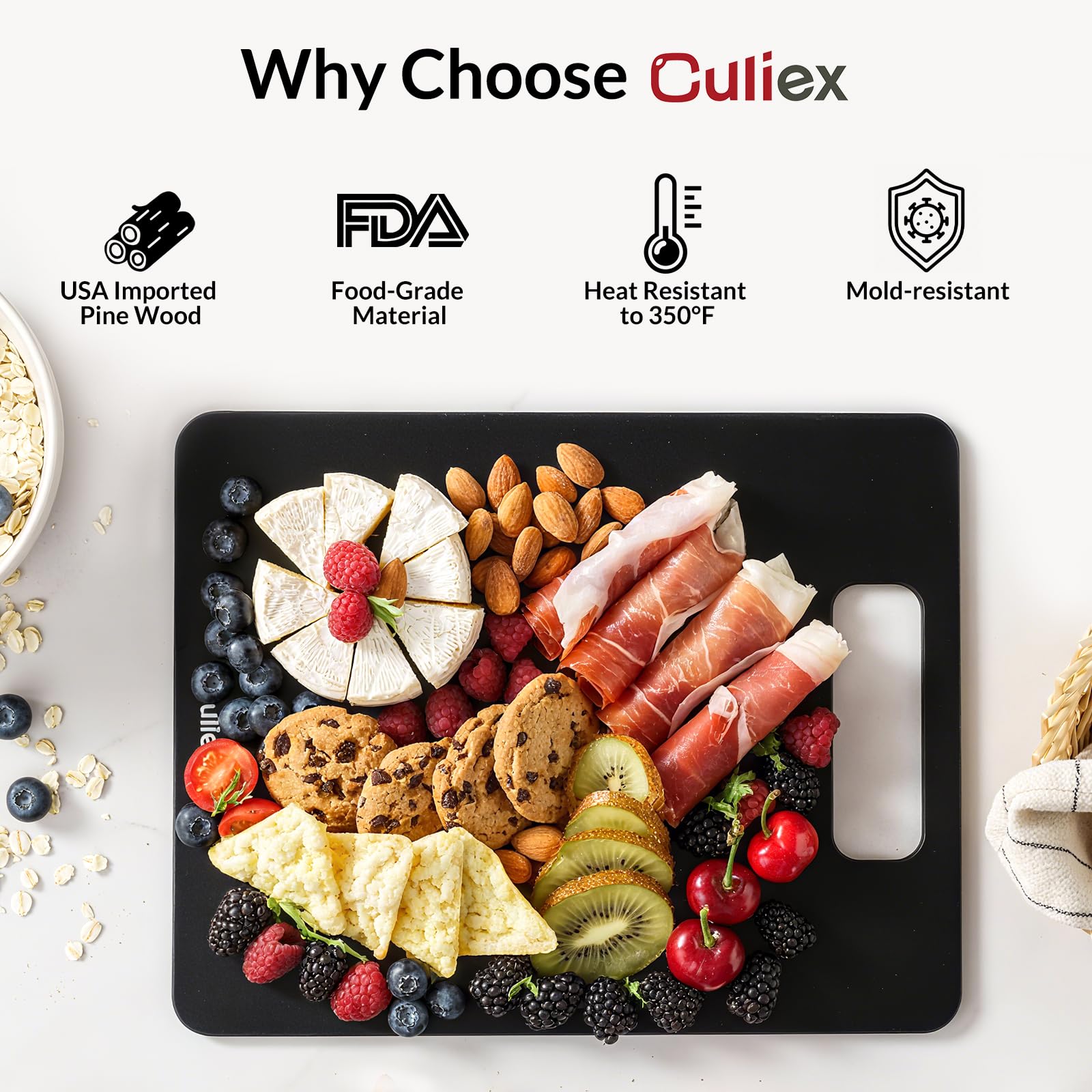 Culiex cutting board features non-slip feet for steady meat prep.