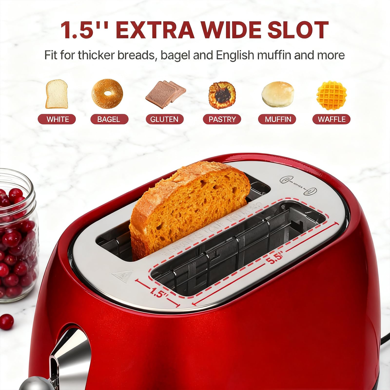 Culinaid Toaster 2 Slice close-up of 1.5-inch extra-wide slots for thick bread.
