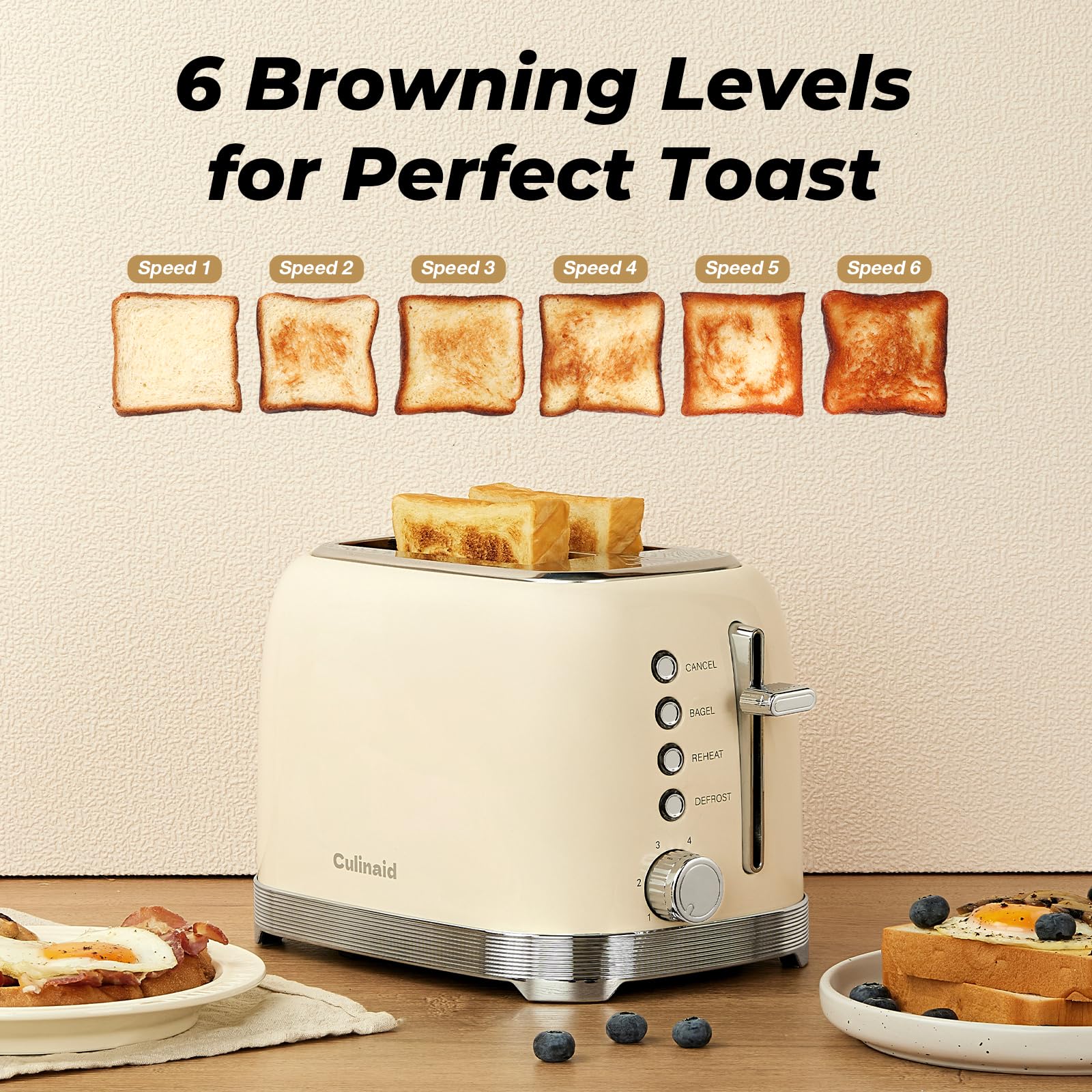 Culinaid toaster defrost function thaws bread evenly before toasting