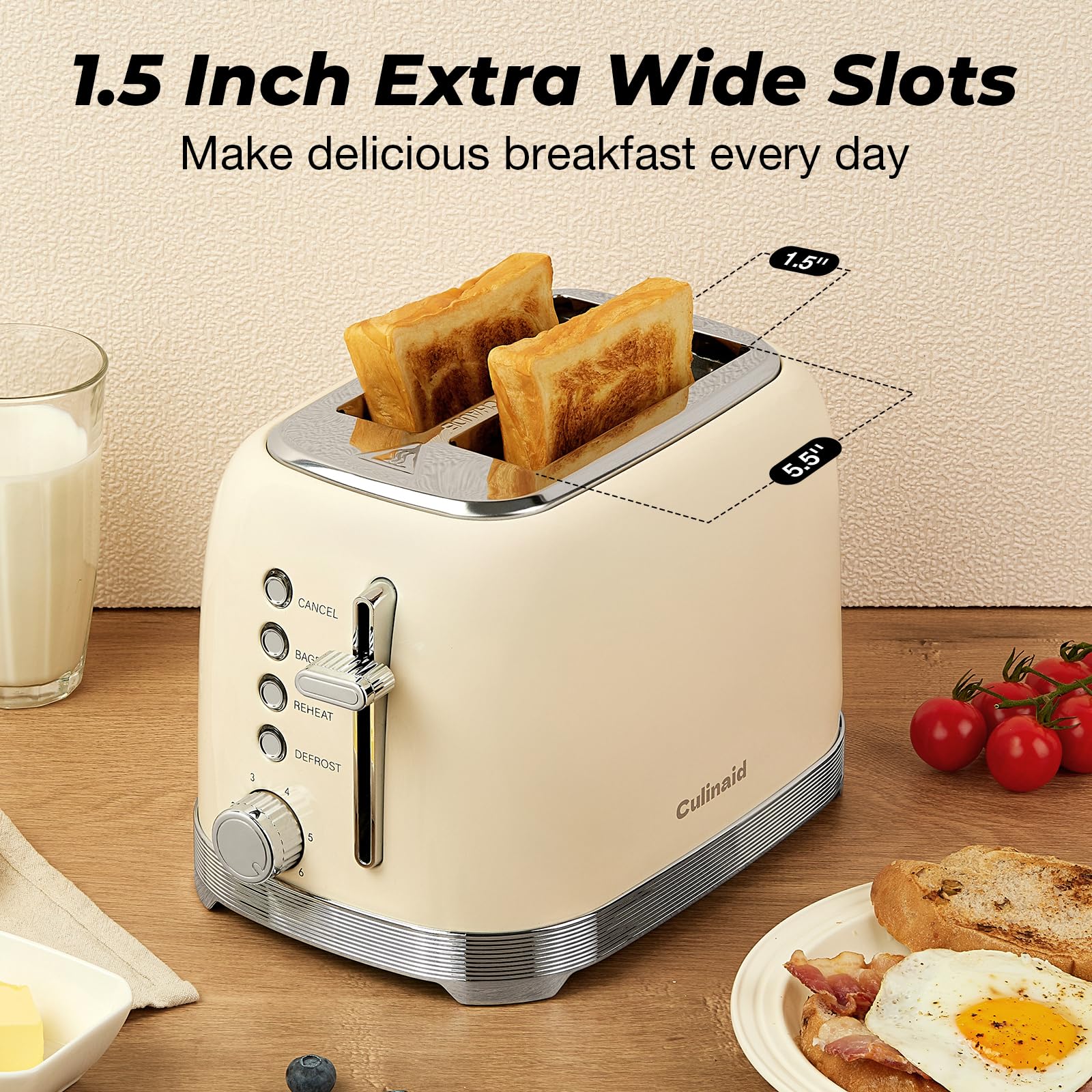 Culinaid toaster with wide 1.5 inch slots for bagels and thick slices