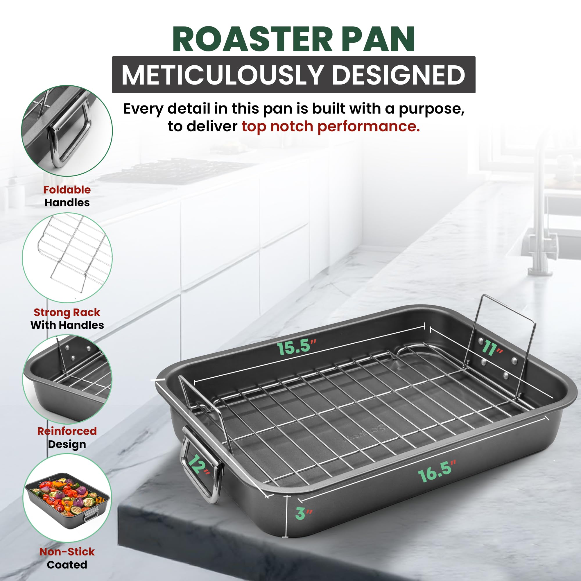 CULINARIN foldable handles roasting pan for compact storage and easy transport.