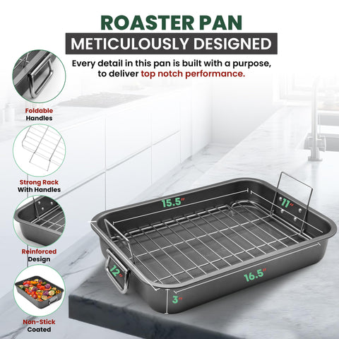 CULINARIN foldable handles roasting pan for compact storage and easy transport.