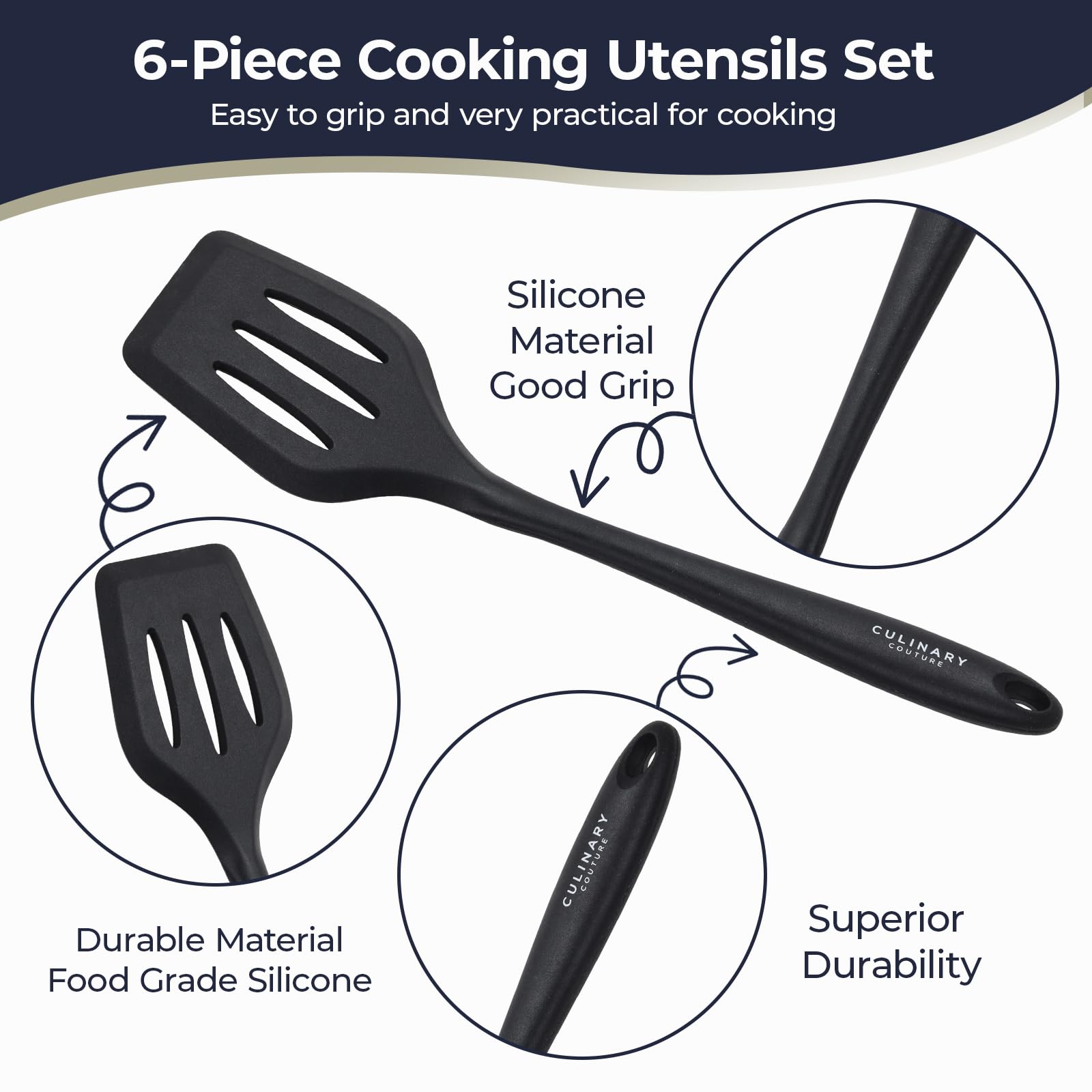 Culinary Couture black silicone ladle ideal for soups with steel core durability