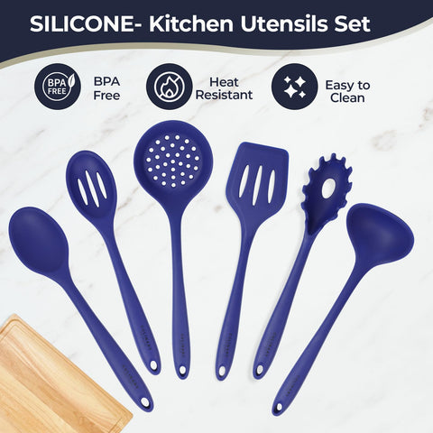 Culinary Couture blue silicone pasta server for even servings and heat resistance