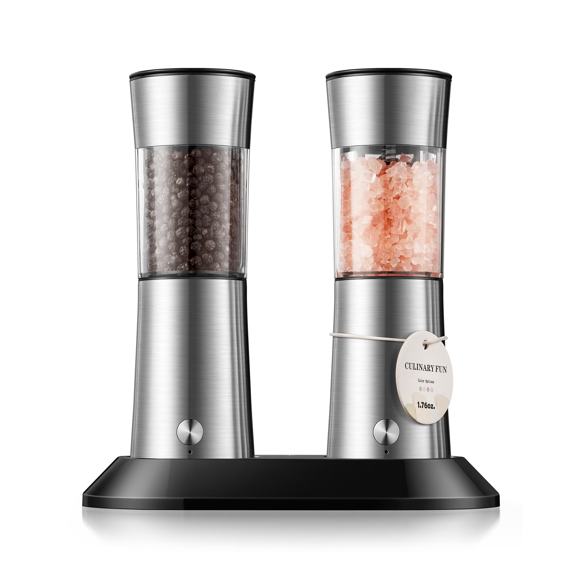 CULINARY FUN gravity-activated grinder tilts to season salt and pepper with one hand.