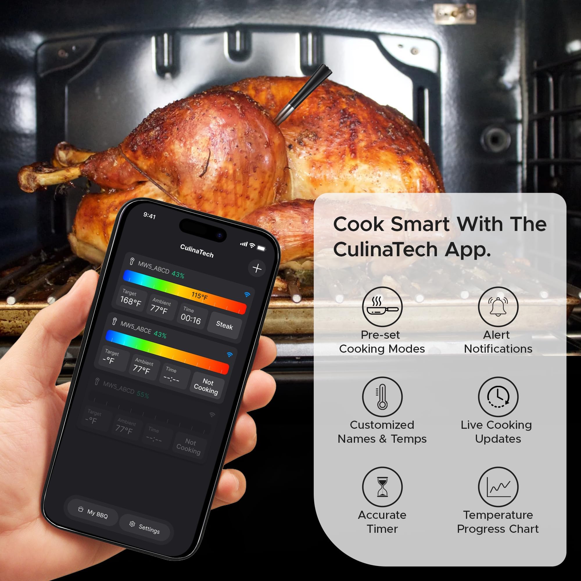 CulinaTech IPX7 waterproof probe cleans easily after cooking.