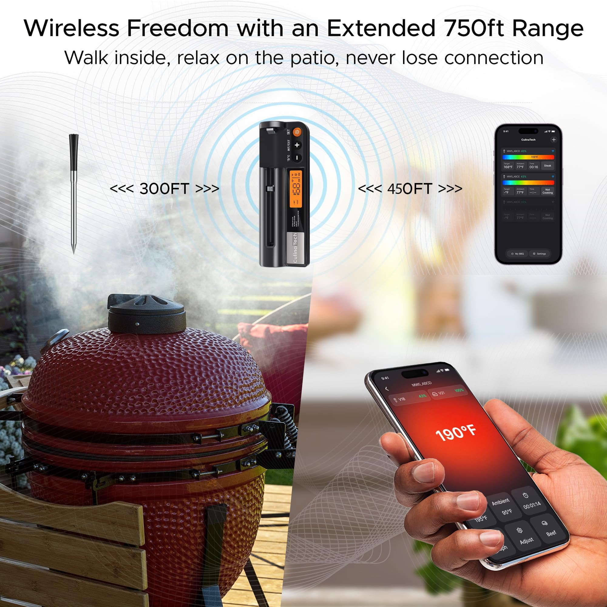 CulinaTech wire-free probe ready for ovens, grills and smokers.