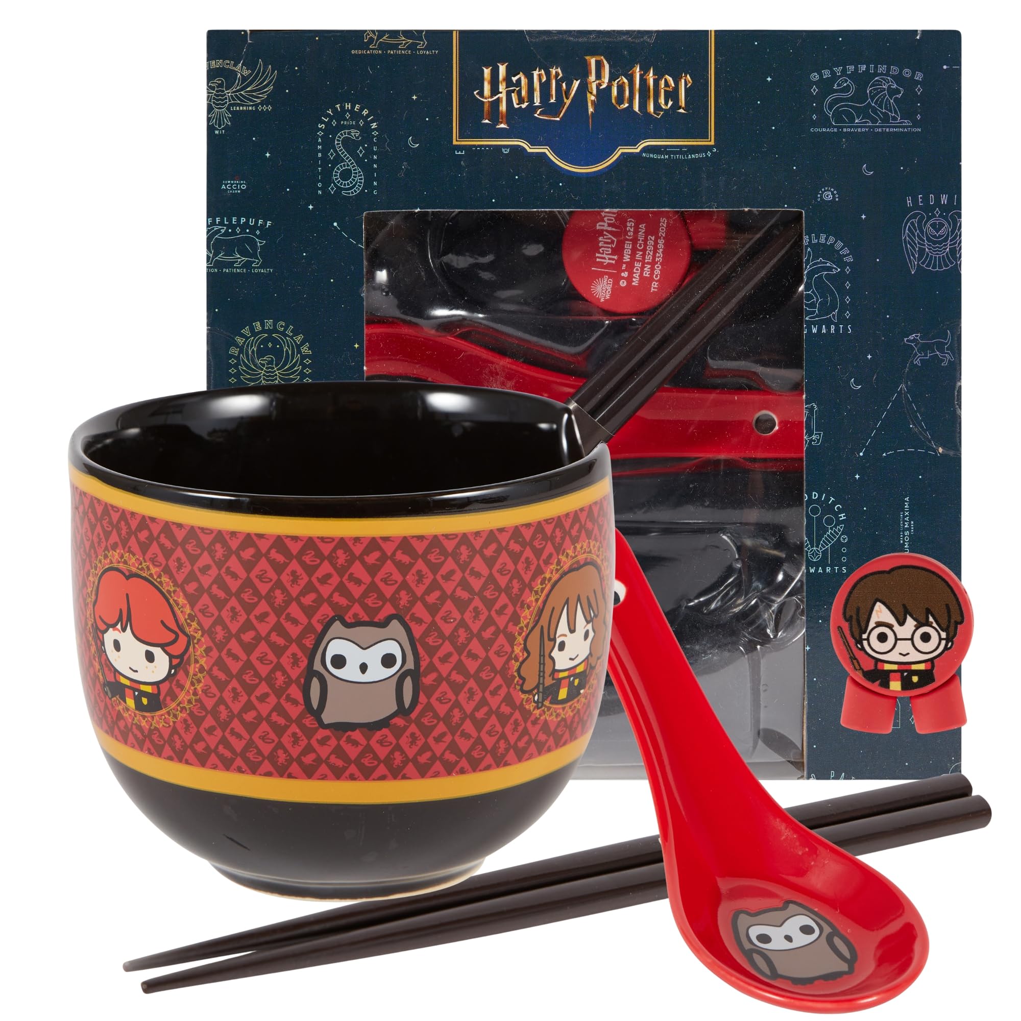 Culture Fly Harry Potter ramen bowl 20 oz with Hogwarts emblems, microwave-safe for quick meals.