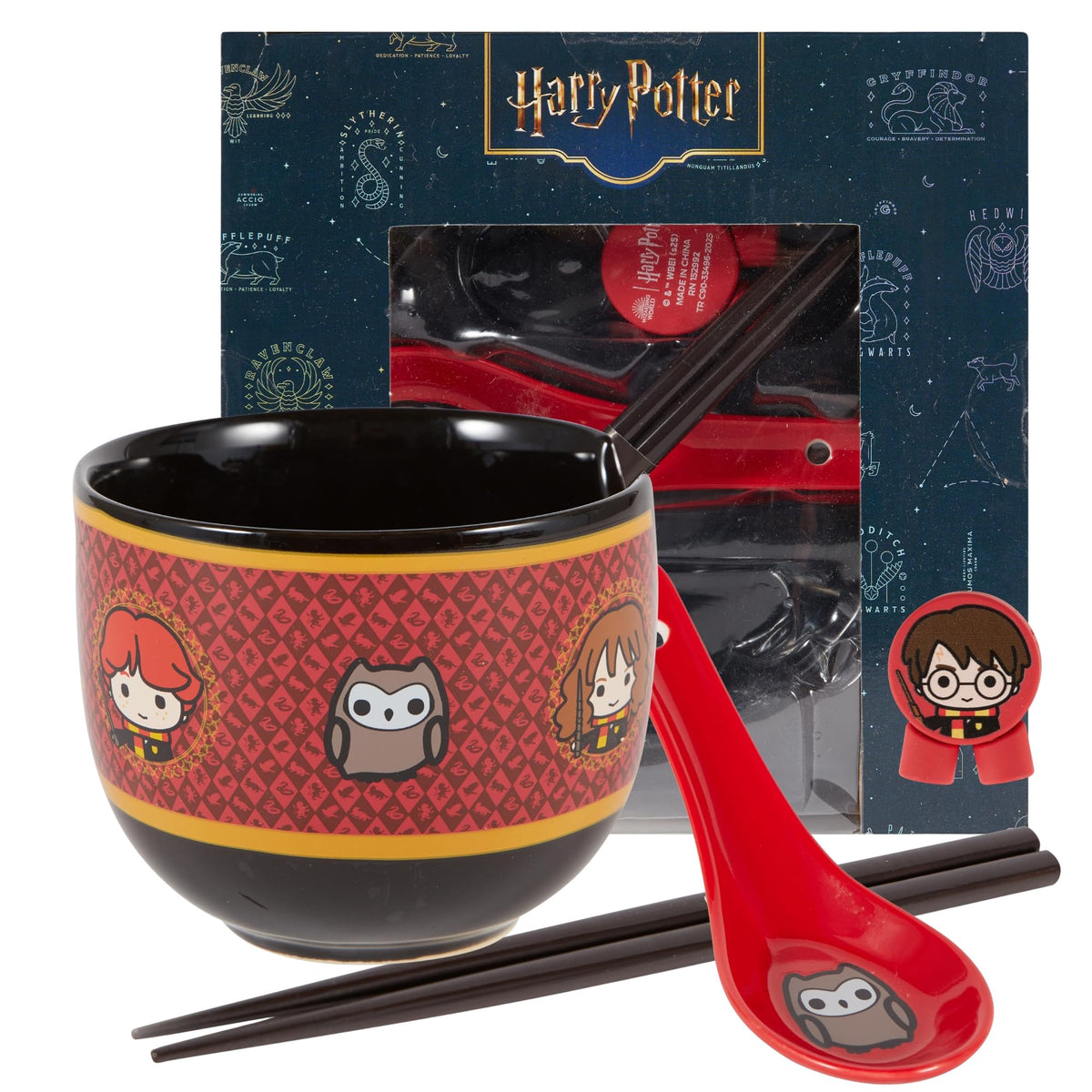 Culture Fly Harry Potter ramen bowl 20 oz with Hogwarts emblems, microwave-safe for quick meals.