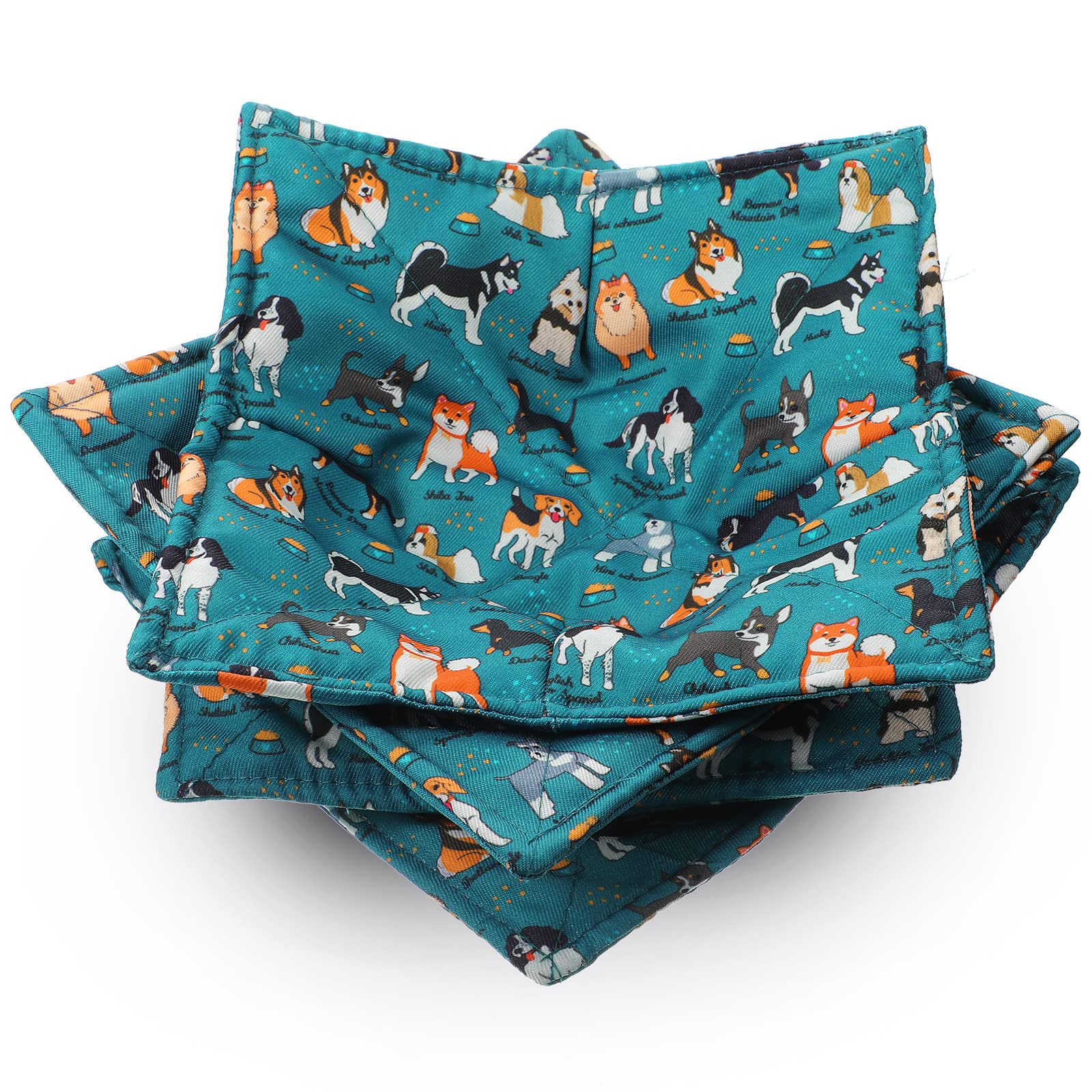 Cunhill dog-pattern bowl cozy blue protects surfaces while keeping bowls warm.