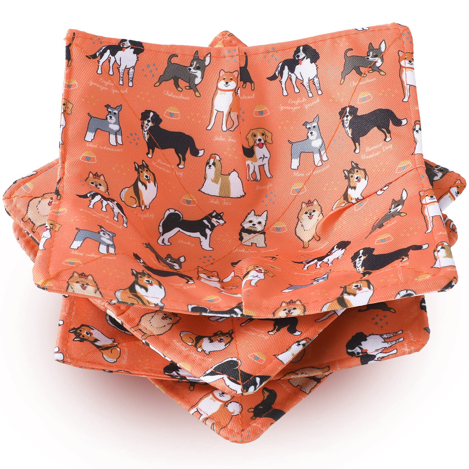 Cunhill dog-pattern bowl cozy in orange close-up for heat protection