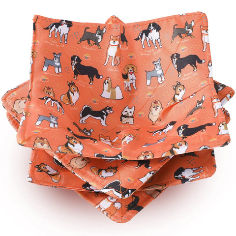 Cunhill dog-pattern bowl cozy in orange close-up for heat protection