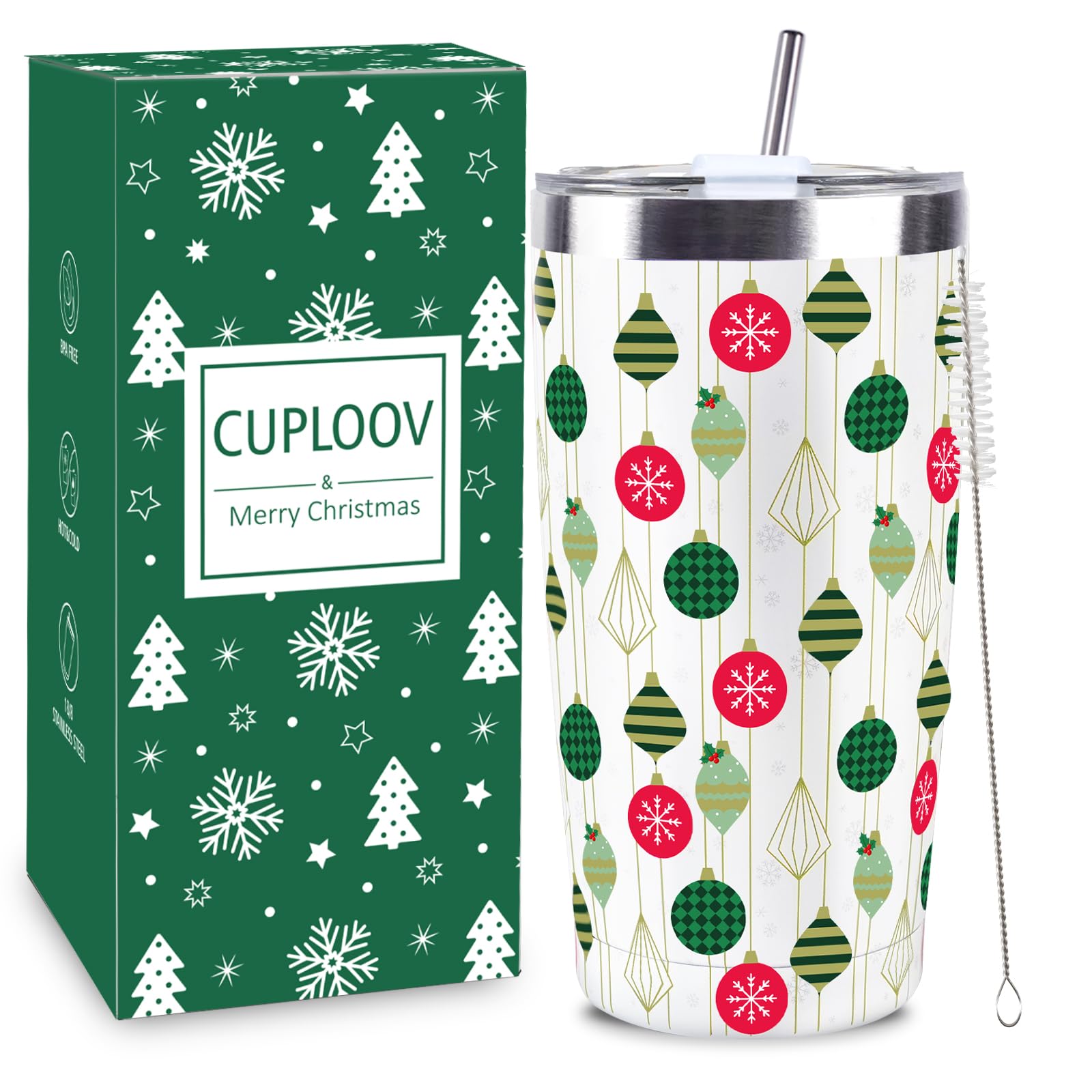 CUPLOOV Christmas tumbler front view with festive lantern pattern for cozy mornings.