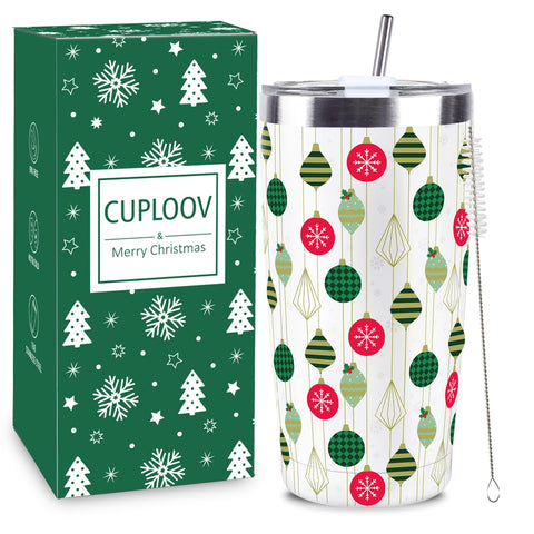 CUPLOOV Christmas tumbler front view with festive lantern pattern for cozy mornings.