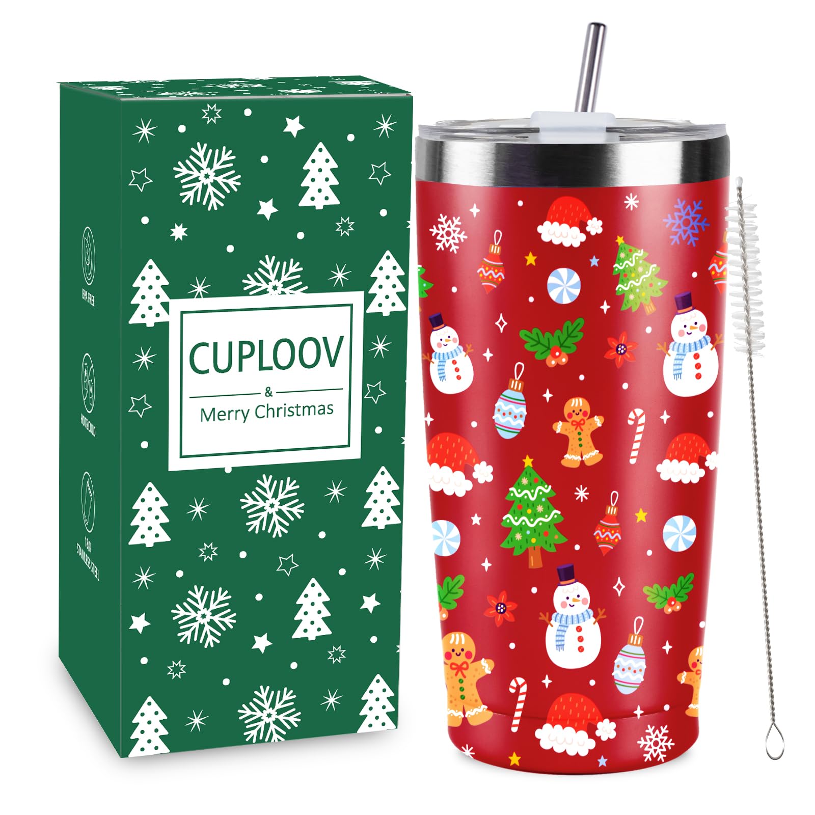 CUPLOOV Christmas tumbler front view, red 20 oz, ideal for on-the-go coffee.