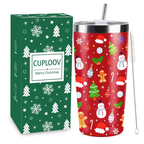 CUPLOOV Christmas tumbler front view, red 20 oz, ideal for on-the-go coffee.