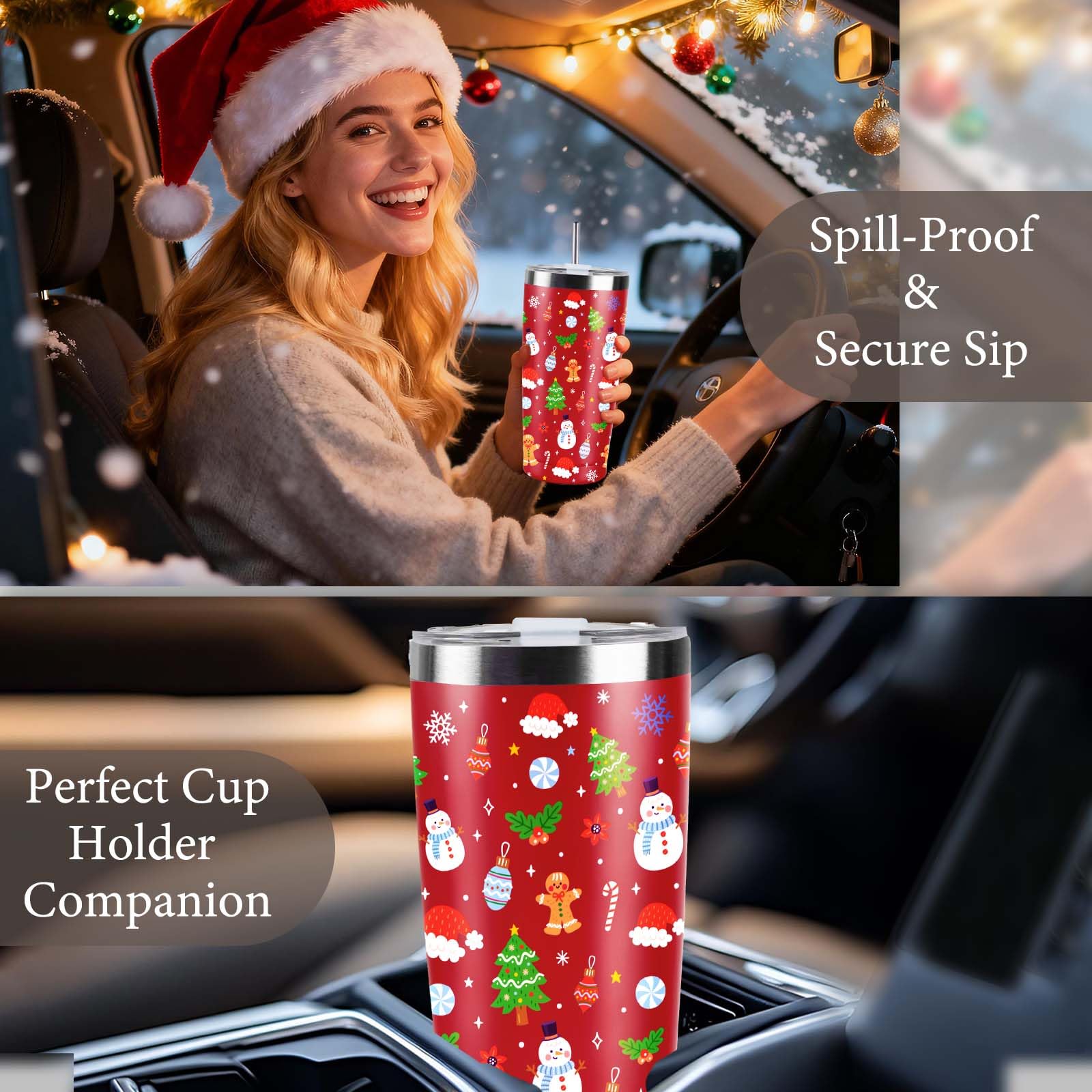 CUPLOOV red tumbler with leak-proof cap, helps prevent spills.
