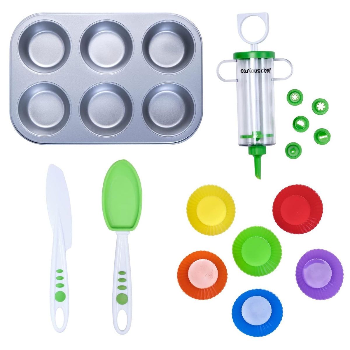 Curious Chef Kids Cupcake Kit with 6-cup muffin pan for kid-friendly baking.