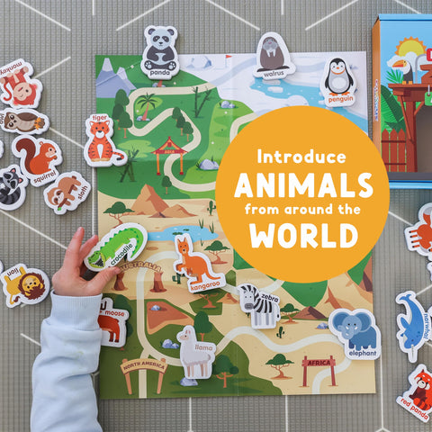 Curious Columbus giraffe magnet enhances recognition and storytelling in play.