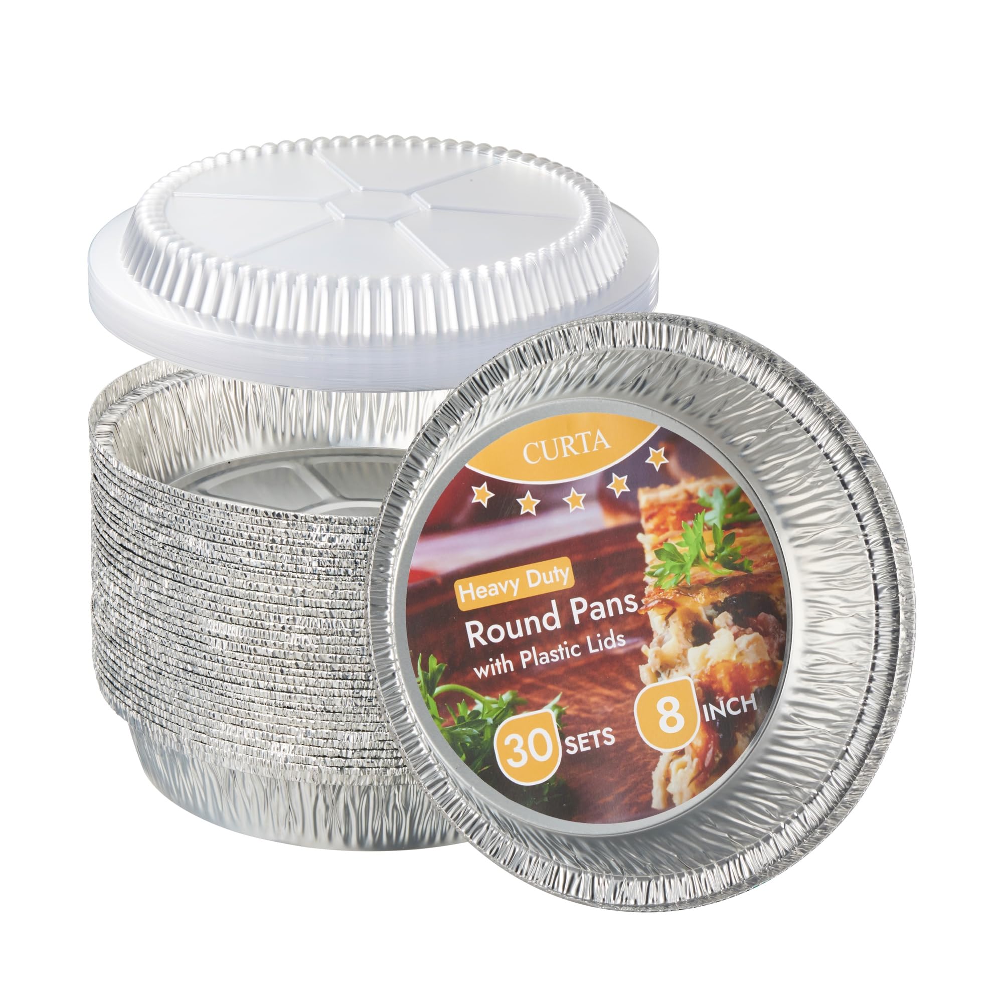 CURTA 8-inch round foil pan with clear lid for easy meal prep and takeout.