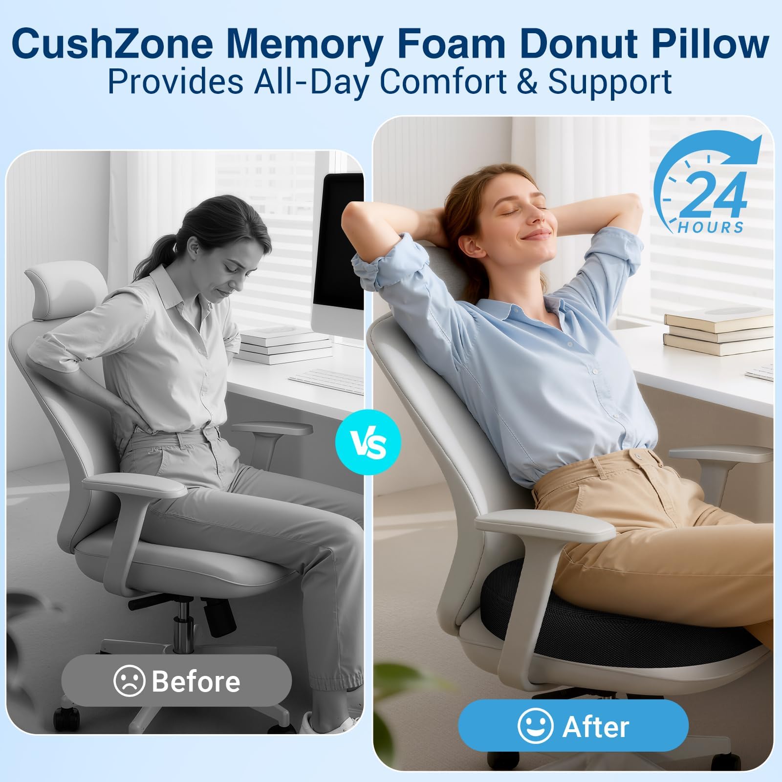 CushZone donut pillow used on a dining chair for comfortable meals