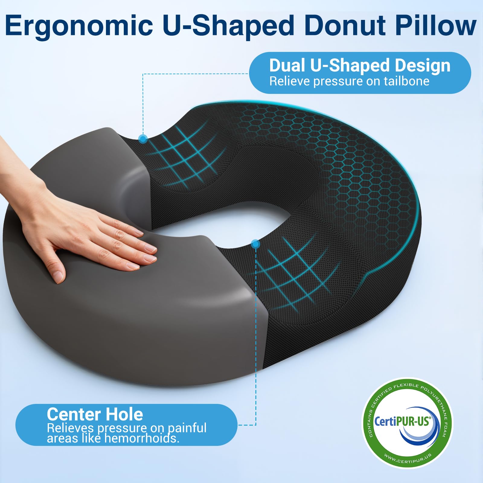CushZone donut pillow memory foam maintains shape during long seating