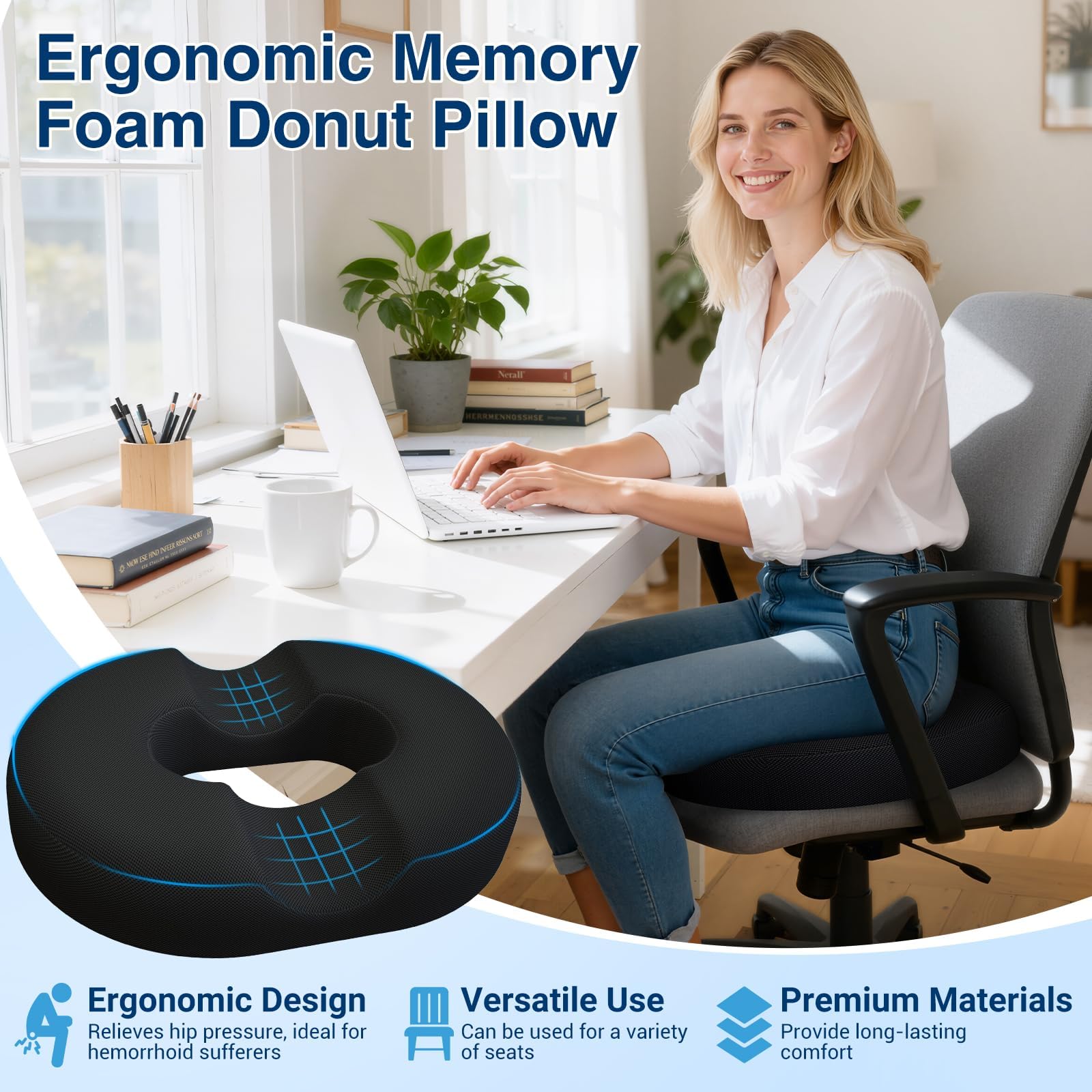 CushZone donut pillow with non-slip bottom stays in place on chairs