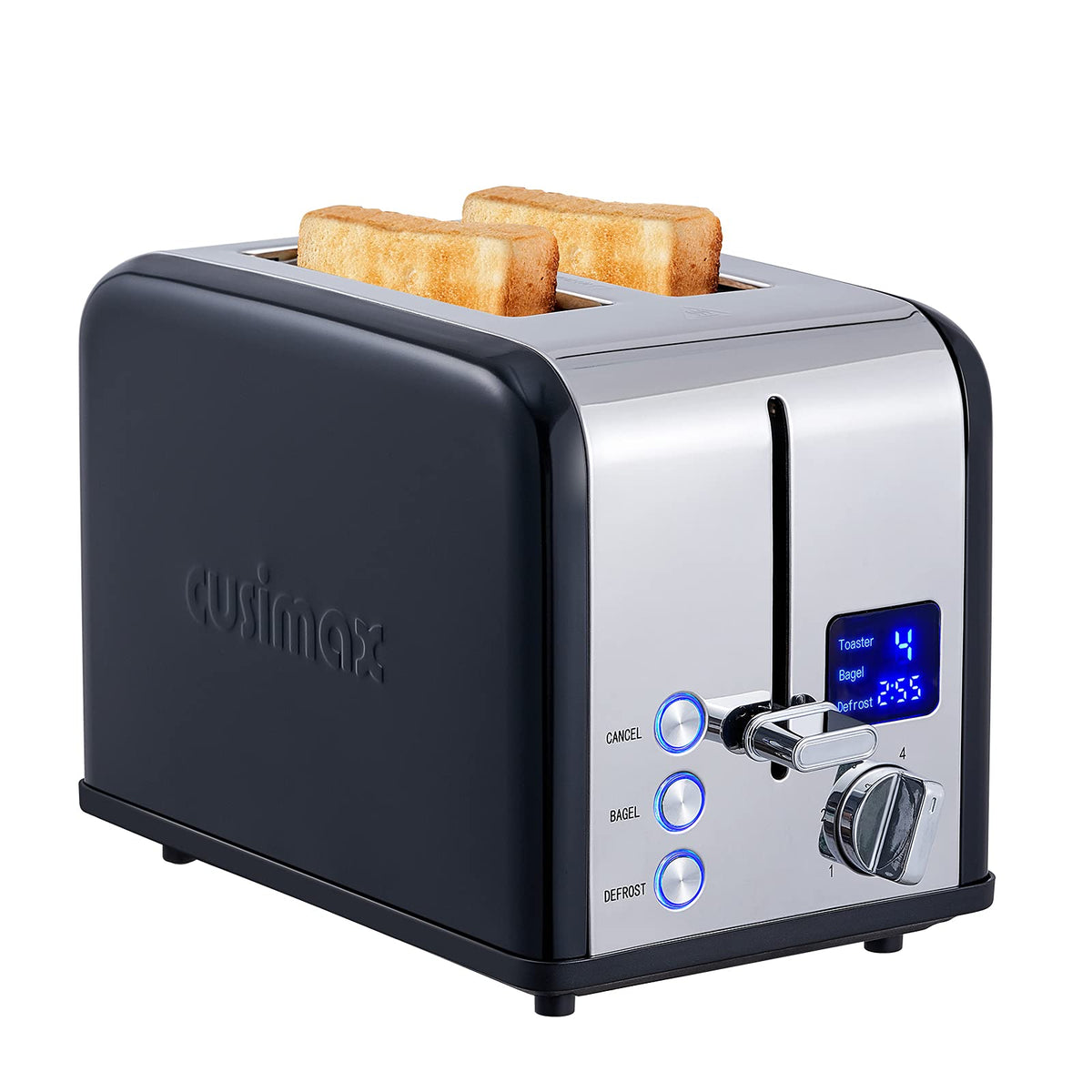 CUSIMAX 2-Slice Toaster front view highlights a sleek stainless steel build for modern kitchens