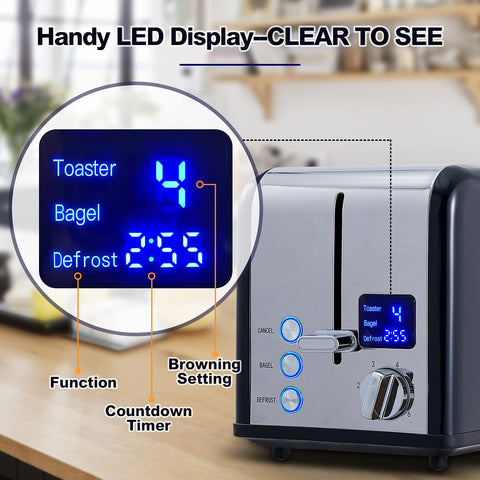 CUSIMAX 2-Slice Toaster LED display demonstrates countdown and browning settings