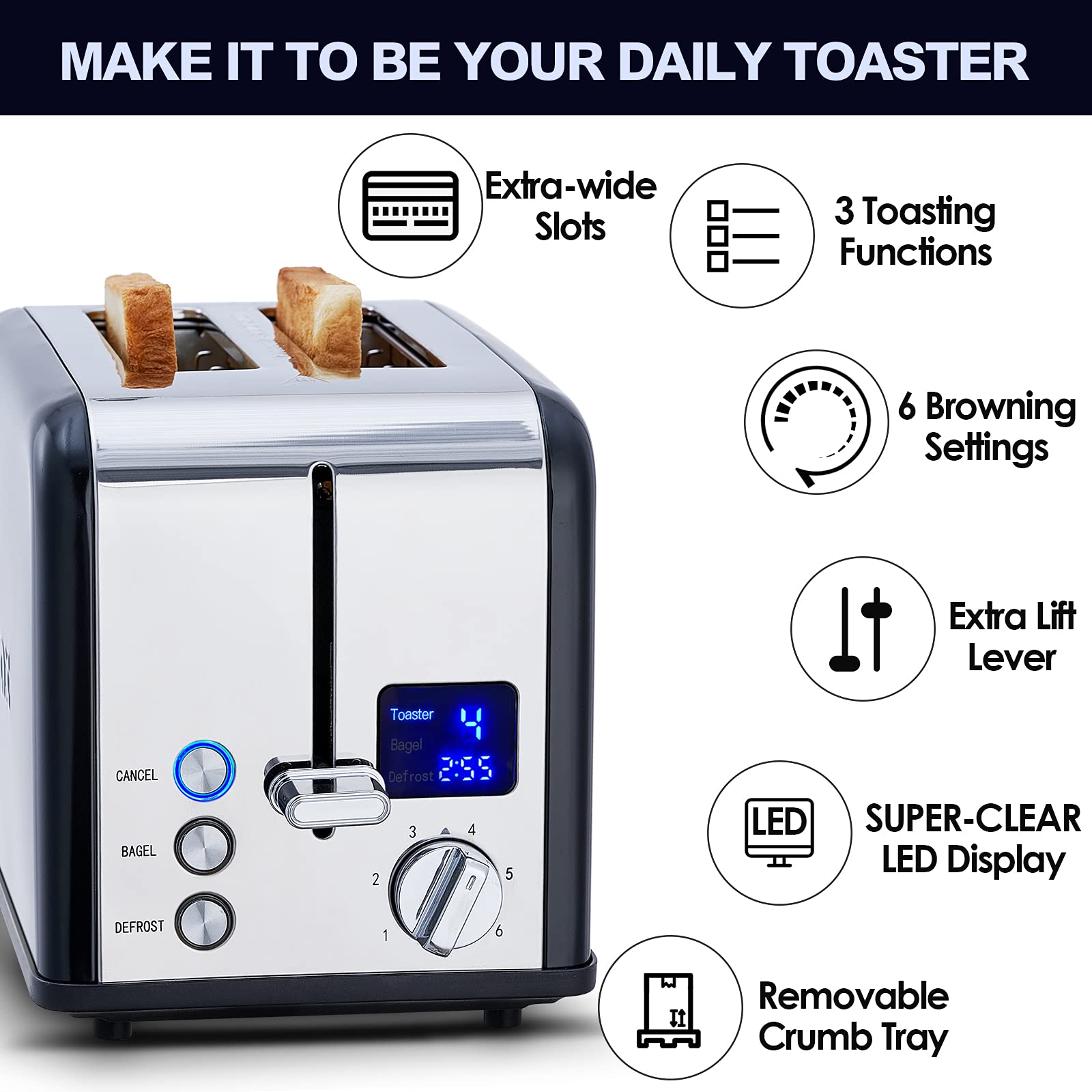 CUSIMAX 2-Slice Toaster slot-open shows extra-wide slots ideal for thick bread types
