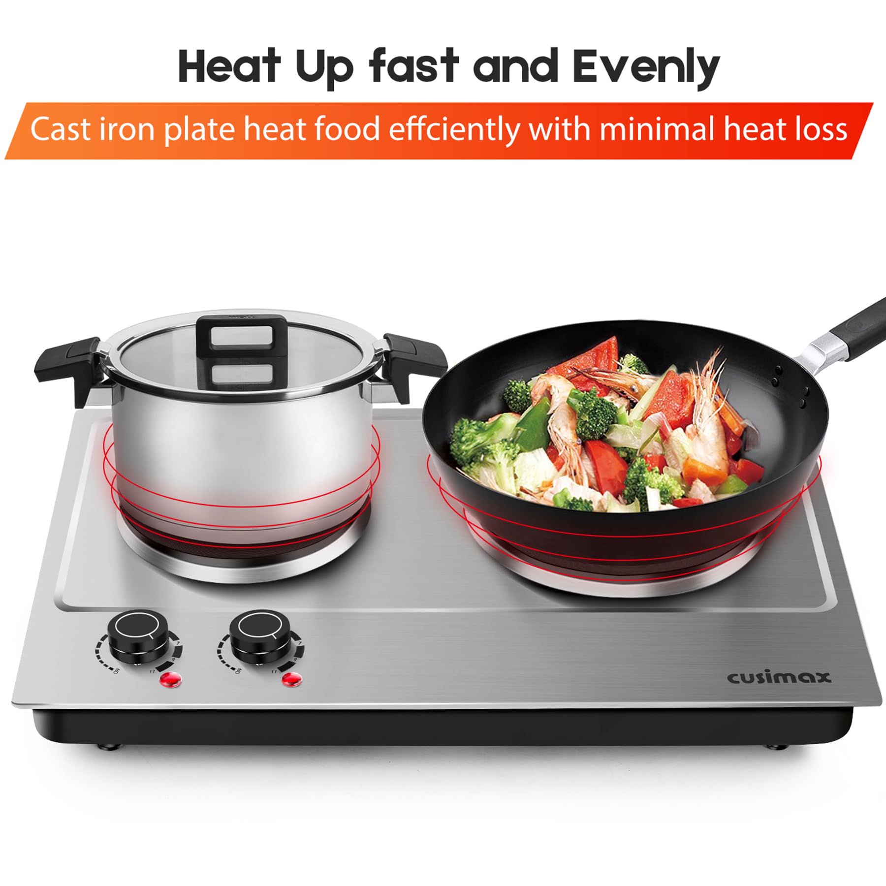 CUSIMAX cast iron burners provide reliable heat for heavy cookware.