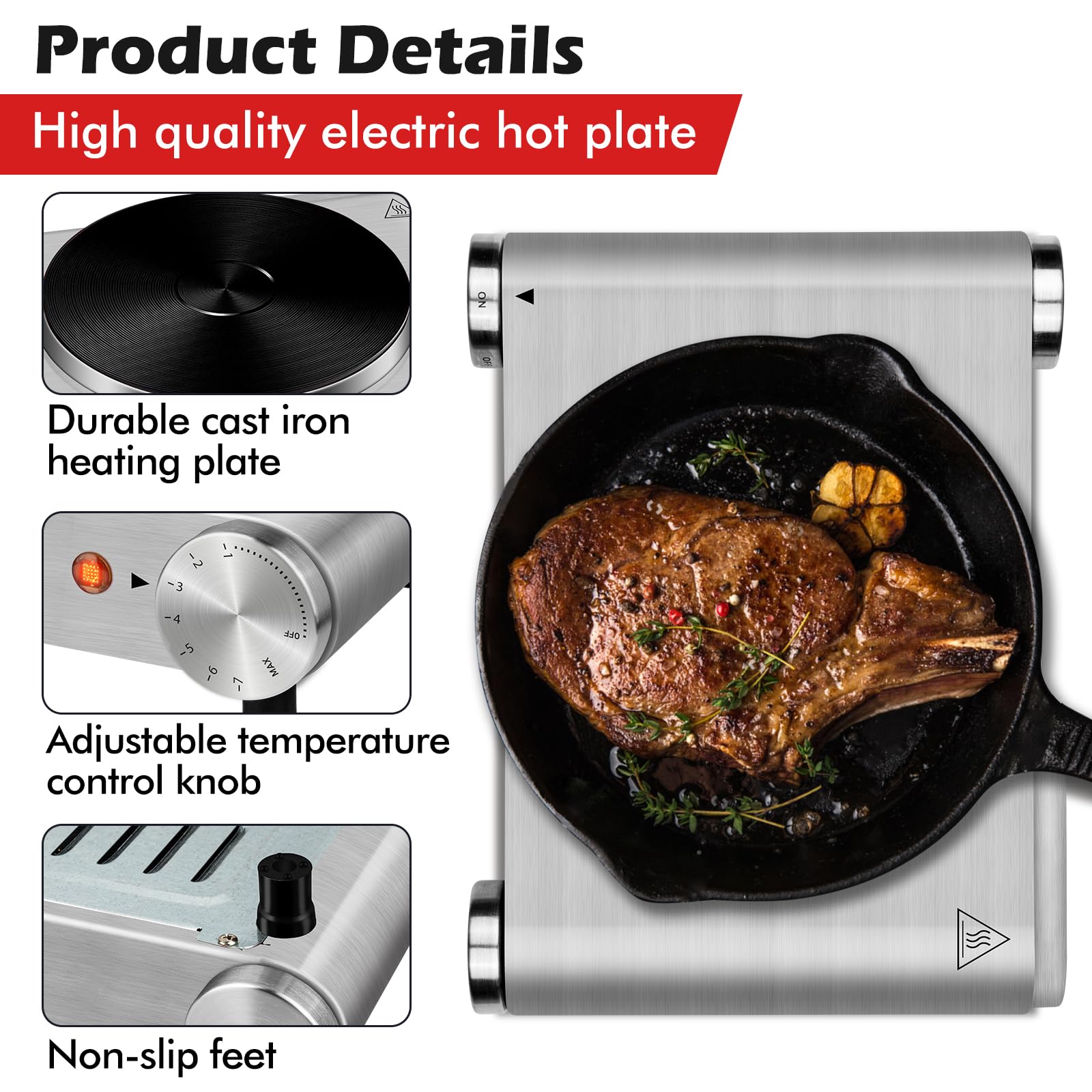 CUSIMAX cast-iron top hot plate highlights durable cooking surface for daily use.