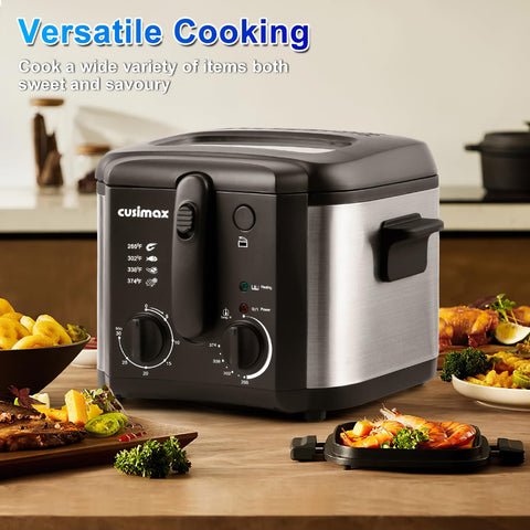CUSIMAX 1500W fryer showing power indicator LEDs for precise control
