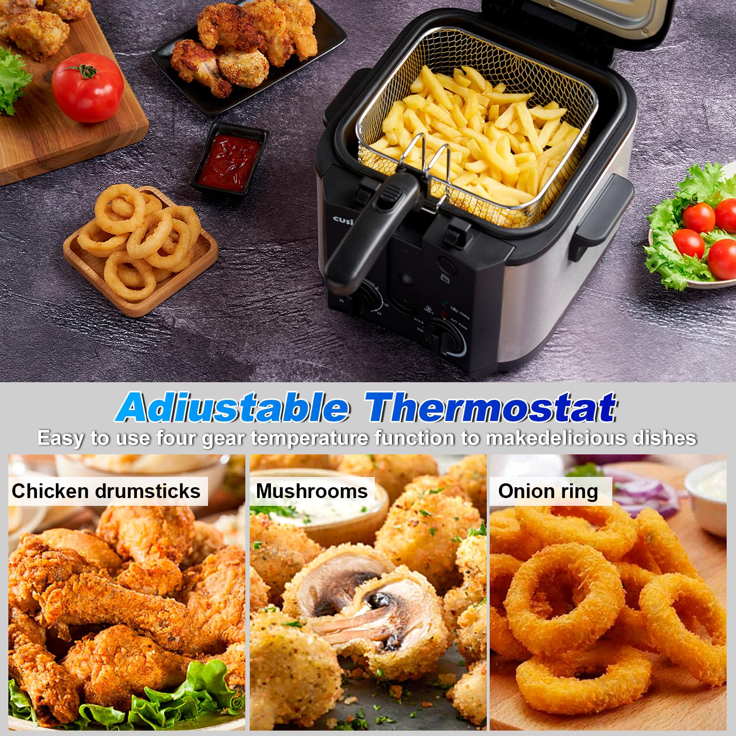 CUSIMAX deep fryer adjustable thermostat enables precise heat control