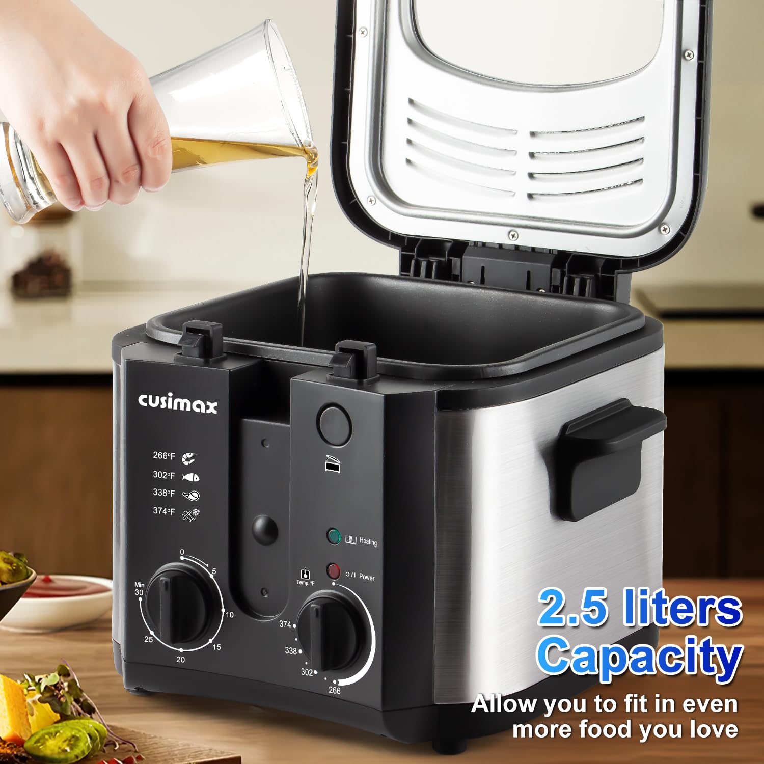 CUSIMAX fryer with time knob for customizable frying durations