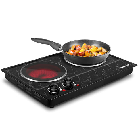CUSIMAX double burner hot plate left control panel powering quick meals.