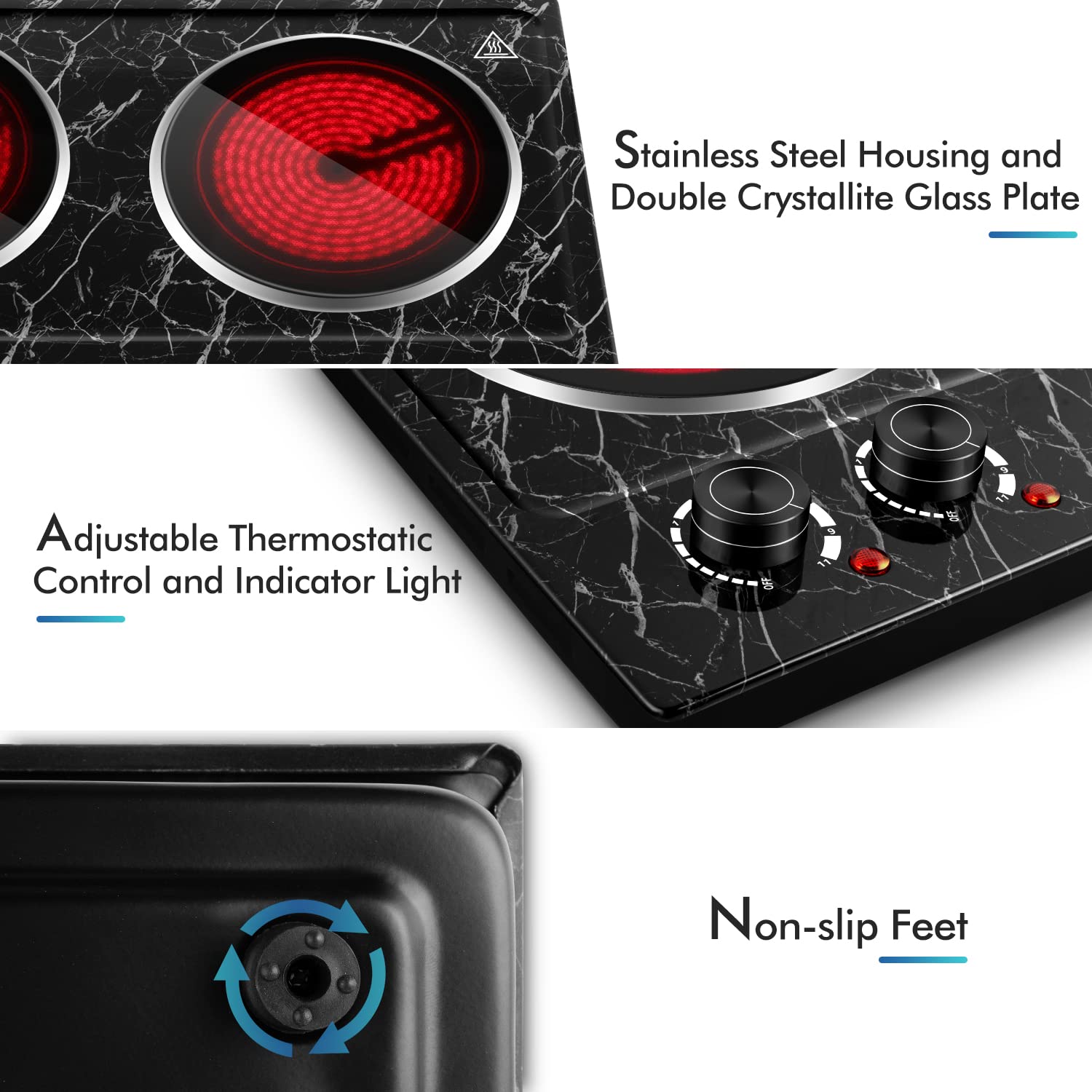 CUSIMAX double burner hot plate right panel enabling versatile cooking with dual heat.