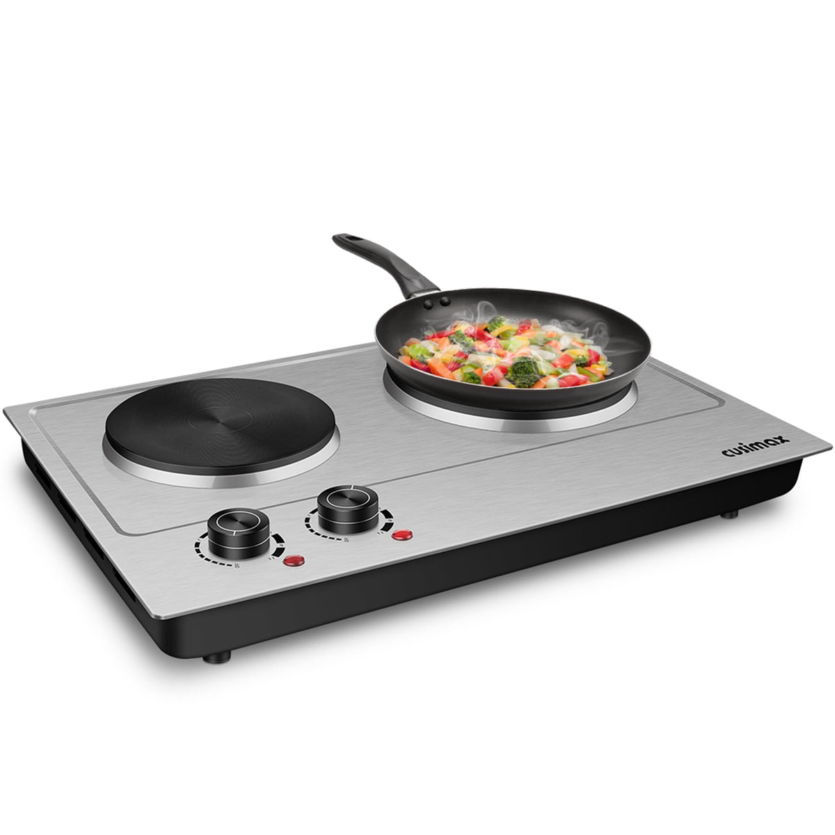 CUSIMAX double hot plate left burner with independent control for multitasking meals.