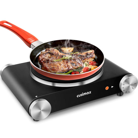 CUSIMAX electric burner hot plate demonstrates cast iron compatibility for versatile cooking in tight spaces
