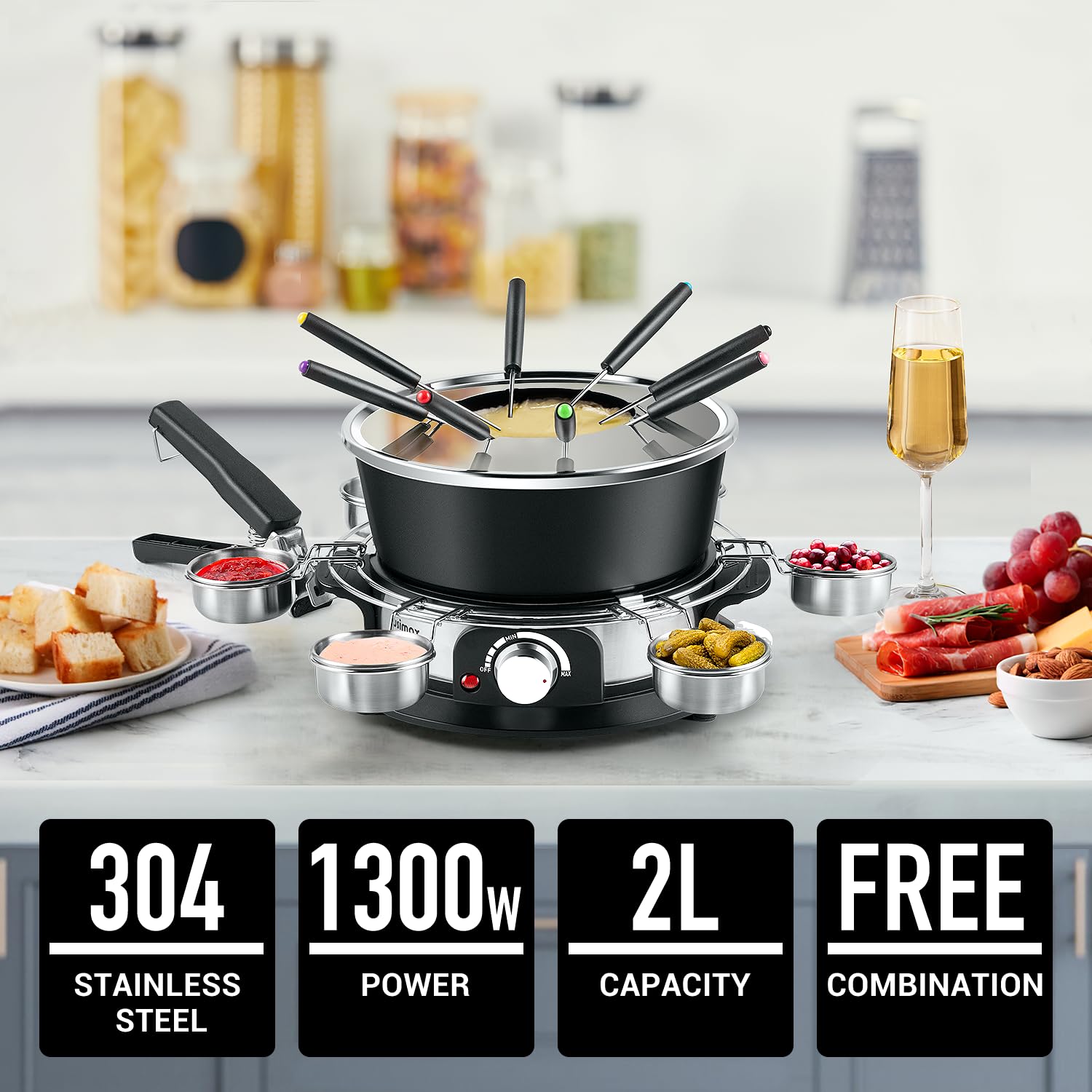 Cusimax electric fondue set 2L non-stick pot close-up highlighting easy release and cleaning.