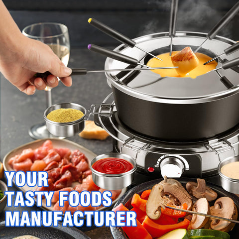 Cusimax electric fondue set 8 forks and 6 cups arranged ready for a party.