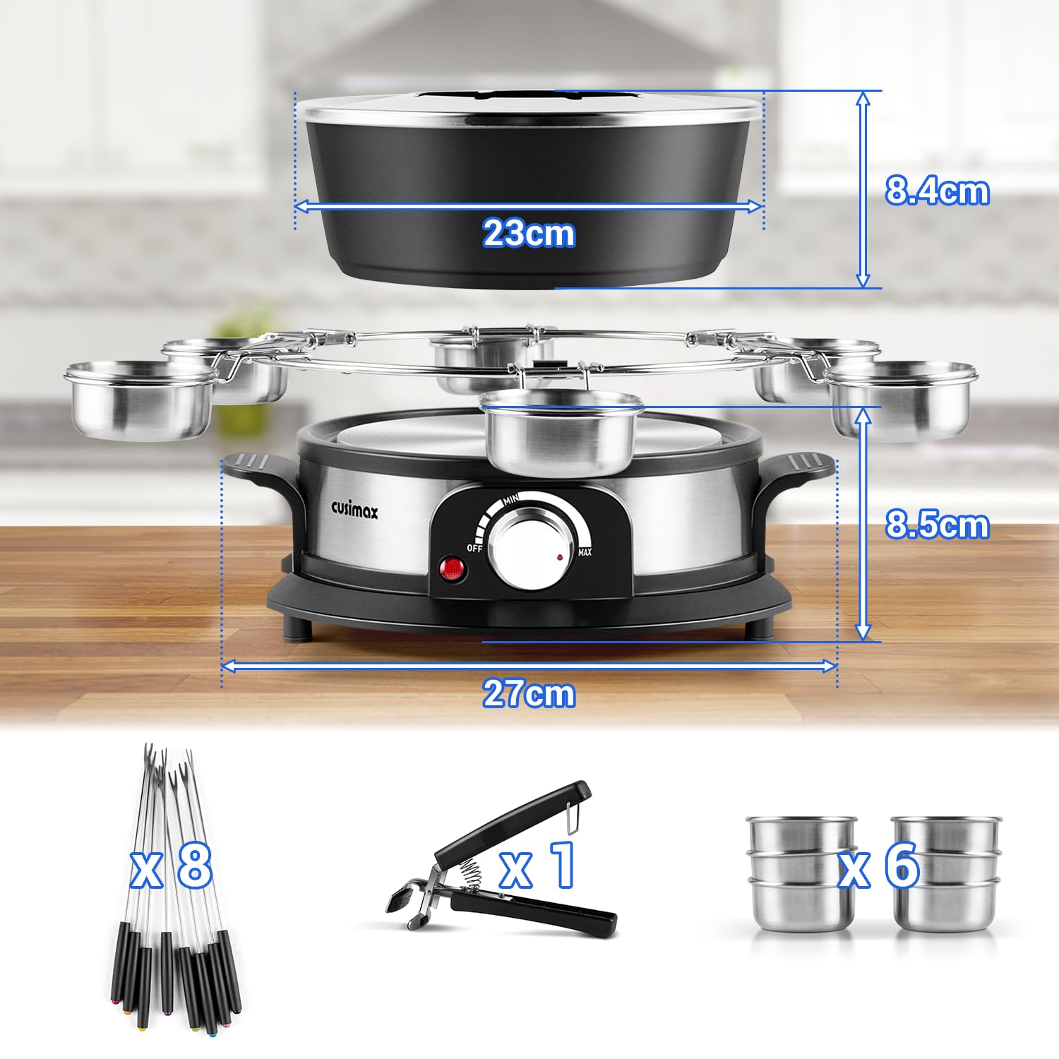 Cusimax fondue set splash-proof lid keeps chocolate, cheese, or broth contained.