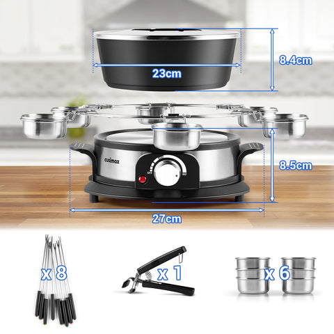 Cusimax fondue set splash-proof lid keeps chocolate, cheese, or broth contained.