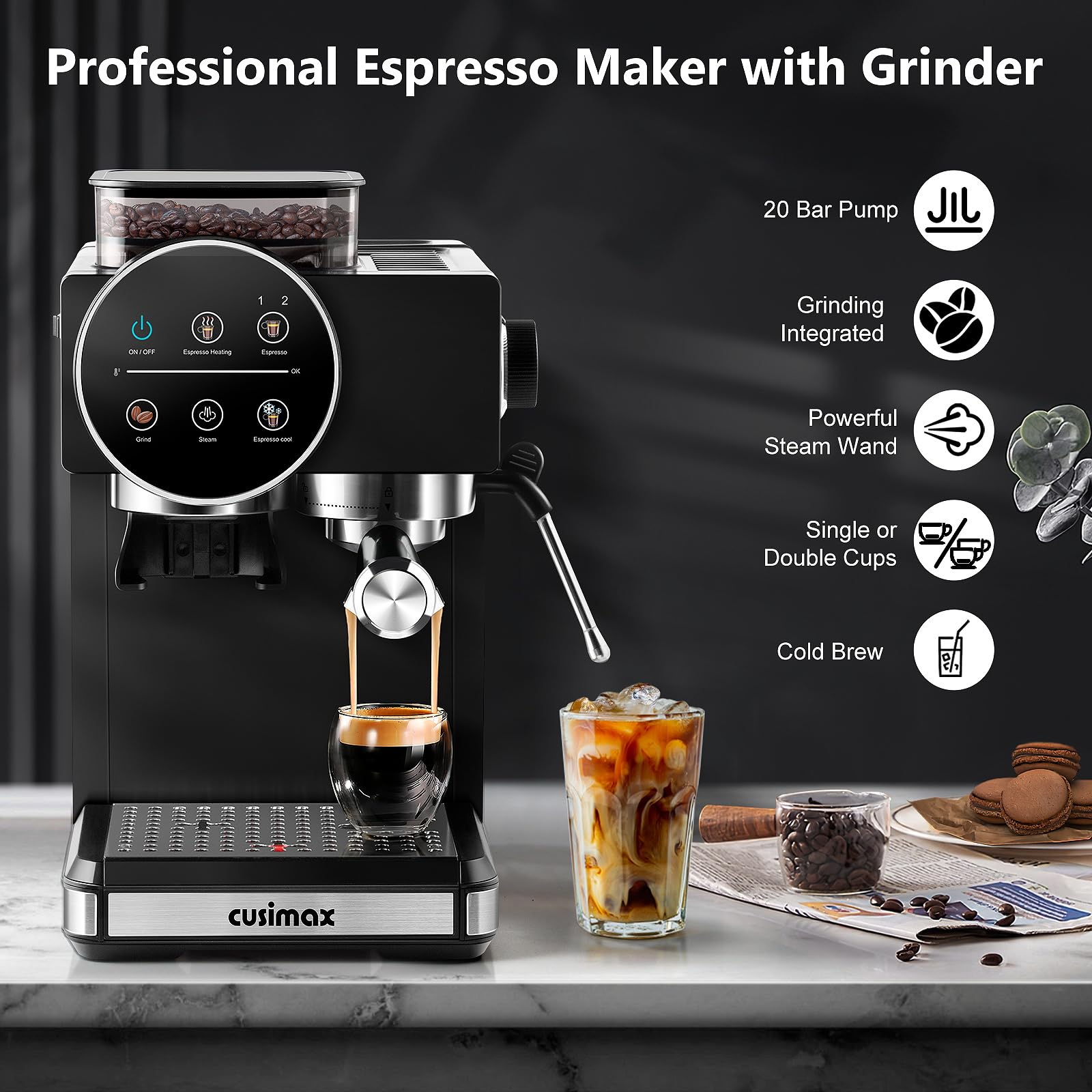 Cusimax espresso machine 20-bar pump – café-style extraction at home.