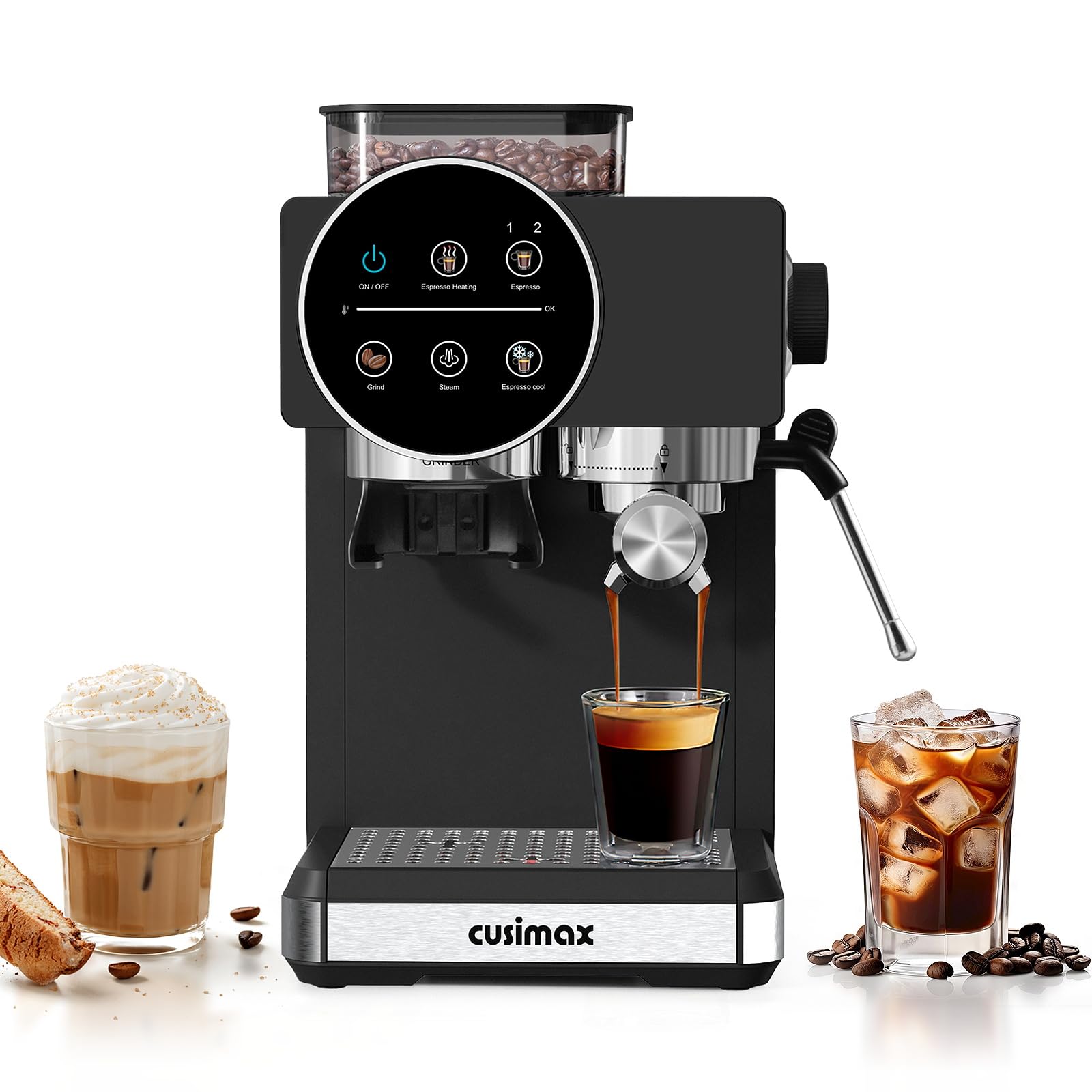 Cusimax espresso machine grinder dial – customizable grind settings for fresh grounds.