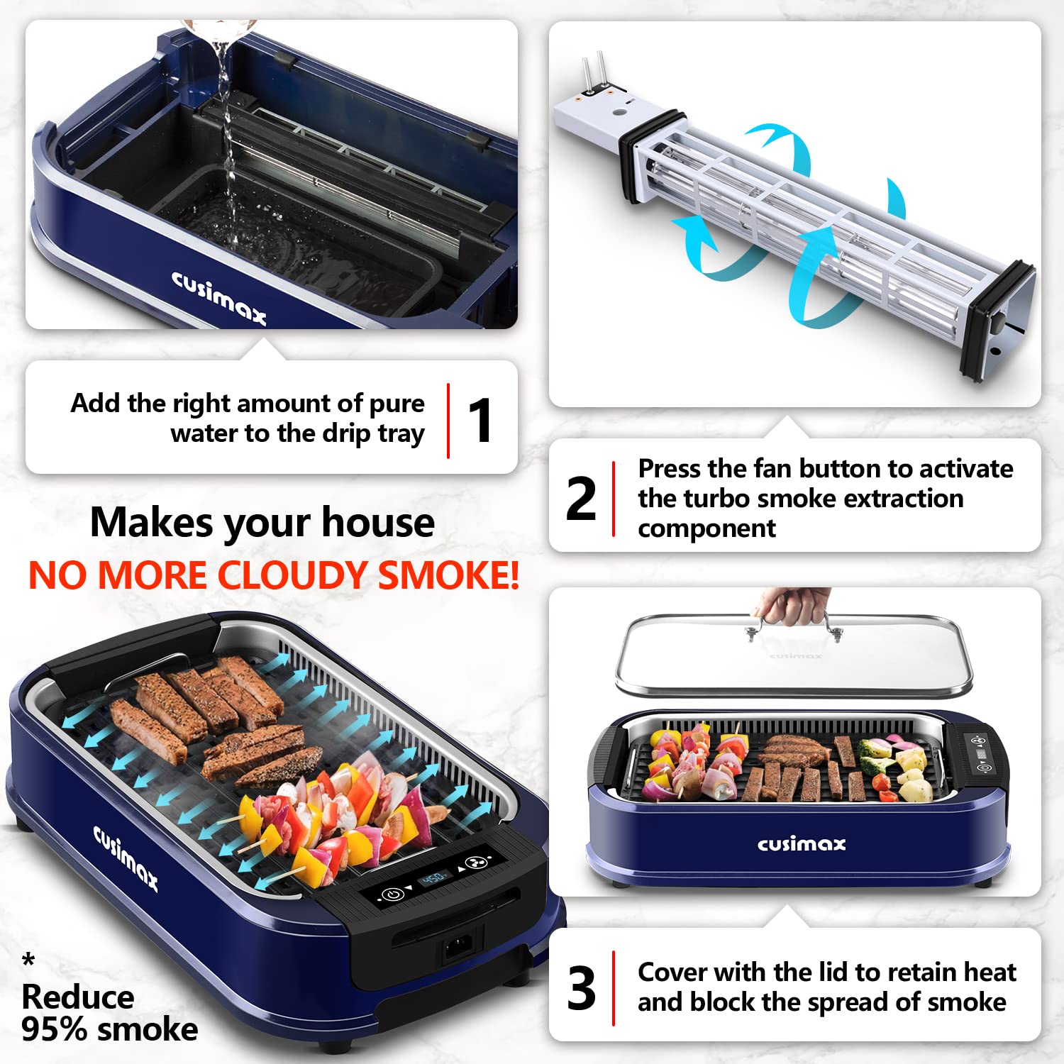CUSIMAX fast even-heating tubes deliver quick, consistent grilling.