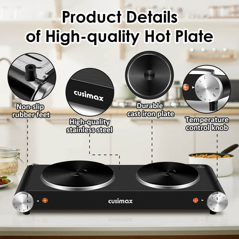 CUSIMAX hot plate close-up shows 7.4-inch heating area.