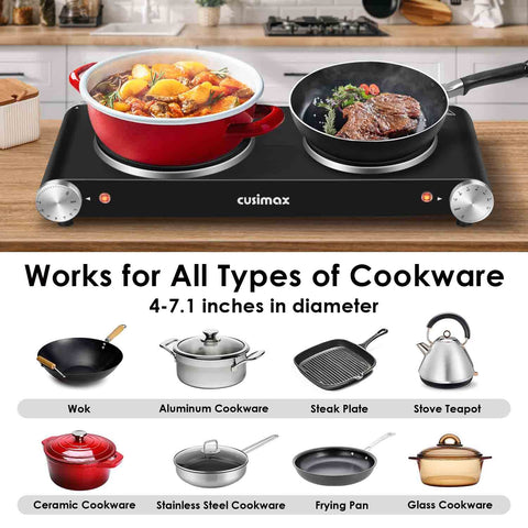 CUSIMAX hot plate with cookware compatibility across common materials.