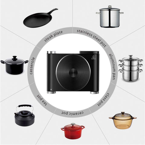 CUSIMAX hot plate on diverse cookware surface suitable for aluminum, copper, cast iron, and stainless steel.